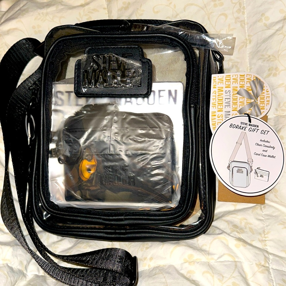 Steve Madden Clear Bdrake Black Stadium Crossbody Bag Card Case Zip Wallet